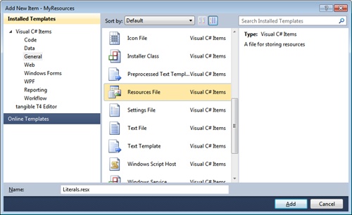 Adding a new resource item to the ASP.NET project.