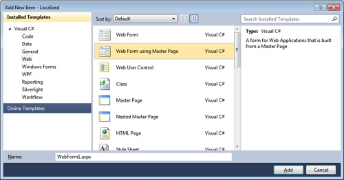 Adding a content page to a Visual Studio project.