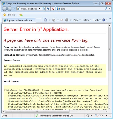 Using multiple server forms in a page throws a rendering exception.