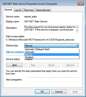The properties dialog box of the ASP.NET state server.