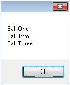 The application output shows the list of balls stored in TheClass.