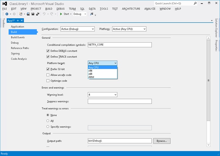 Setting the platform target by using Visual Studio.