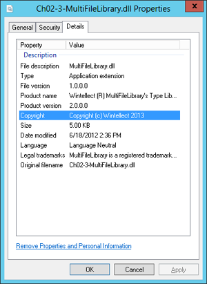 The Details tab of the Ch02-3-MultiFileLibrary.dll Properties dialog box.