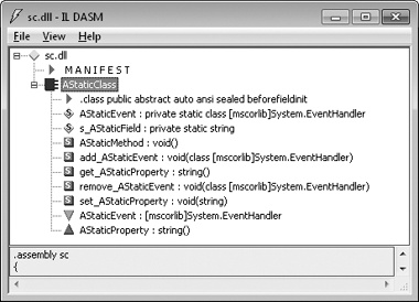 ILDasm.exe showing the class as abstract sealed in metadata.