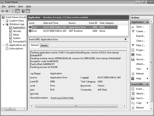 Windows Event log showing an application that terminated due to an unhandled exception.