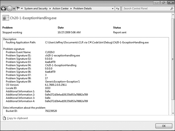 Reliability Monitor showing more details about the failed application.