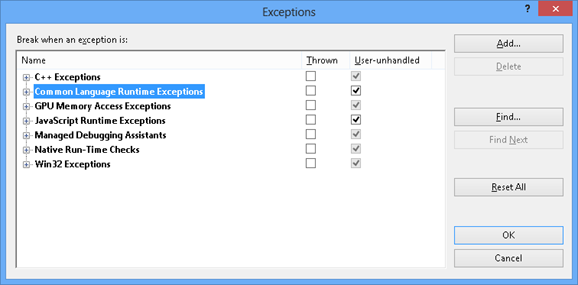 The Exceptions dialog box, showing the different kinds of exceptions.