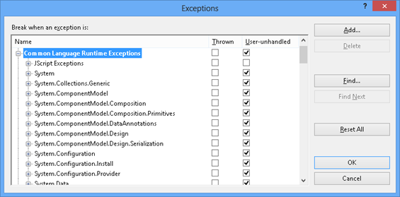 The Exceptions dialog box, showing CLR exceptions by namespace.