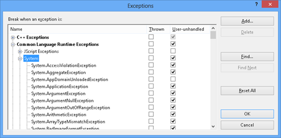 The Exceptions dialog box, showing CLR exceptions defined in the System namespace.