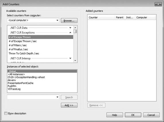 Performance Monitor showing the .NET CLR Exceptions counters.