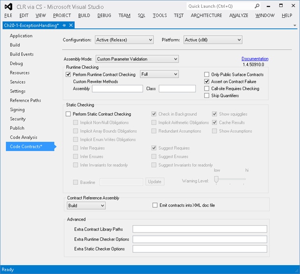 The Code Contracts pane for a Visual Studio project.