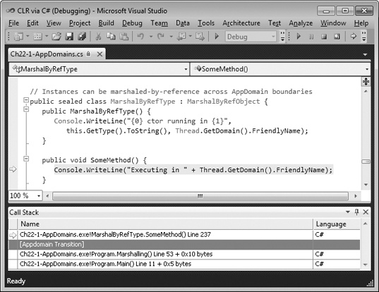 The Debugger’s Call Stack window showing an AppDomain transition.