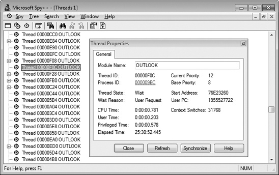 Spy++ showing a thread’s properties.
