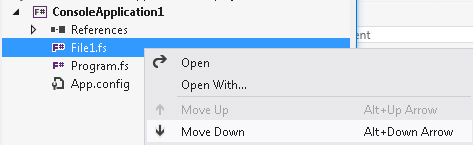 The context menu for moving an item up and down