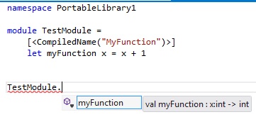 Invoking a function decorated with the CompiledName attribute from an F# project