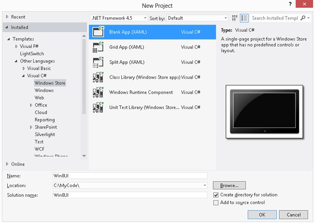 Creating a Windows Store blank app (XAML) project