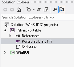 Solution structure with the F# Portable Class Library project and Win8UI project