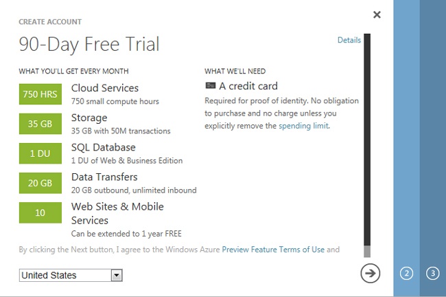 Free trial offer from Windows Azure