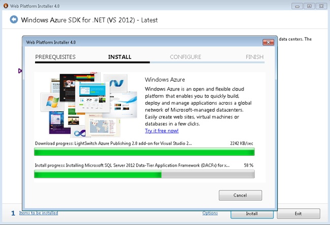 Windows Azure SDK for .NET installation in progress