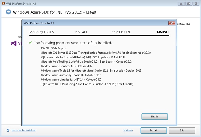 Window Azure SDK for .NET installation completed