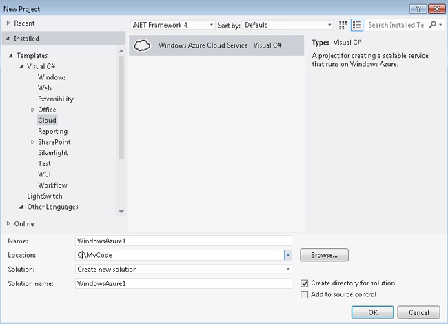 Creating a Windows Azure Cloud Service project in Visual Studio