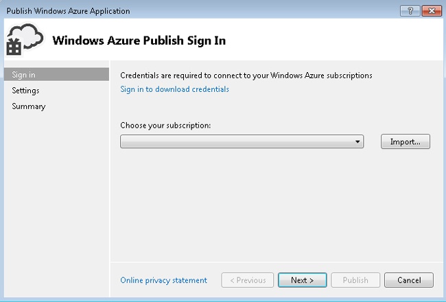 Publish Windows Azure Application Wizard