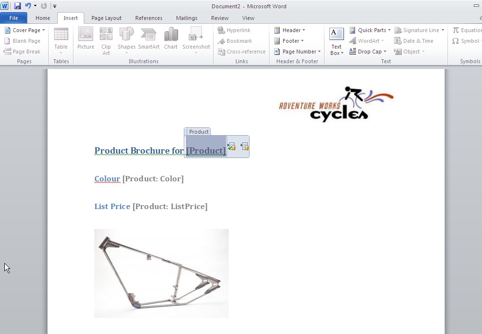 You can add the external data column to the body of a Microsoft Word 2010 document created from within a document library, allowing external data to be selected from the live external data source.