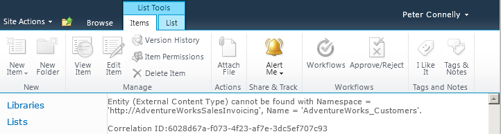 An error message is displayed when an ECT for an external list cannot be found.