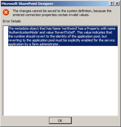 This error dialog box appears when a user attempts to change the authentication mode to RevertToSelf.