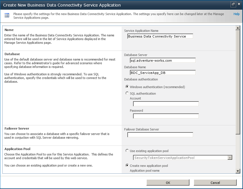 Enter the BDC service application settings on the Create New Business Data Connectivity Service Application page.