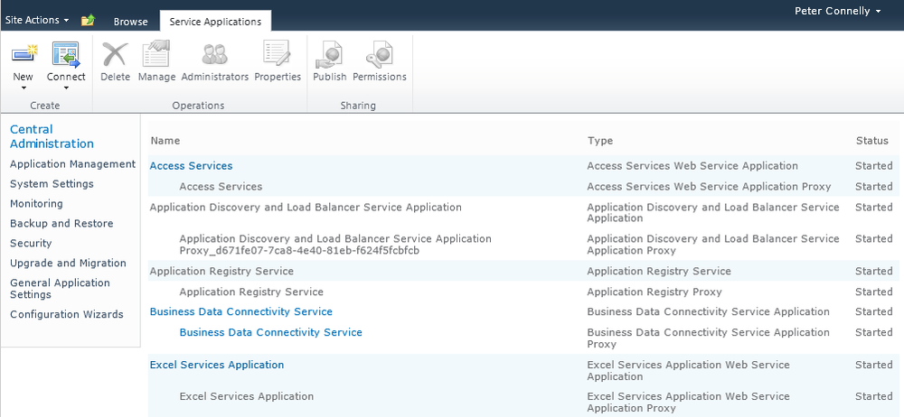 The Service Applications page displays the BDC service application and BDC service application proxy.