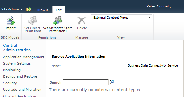 Use the Service Application Information page to manage BDC models, metadata store permissions, external systems, ECTs, and the profile page.