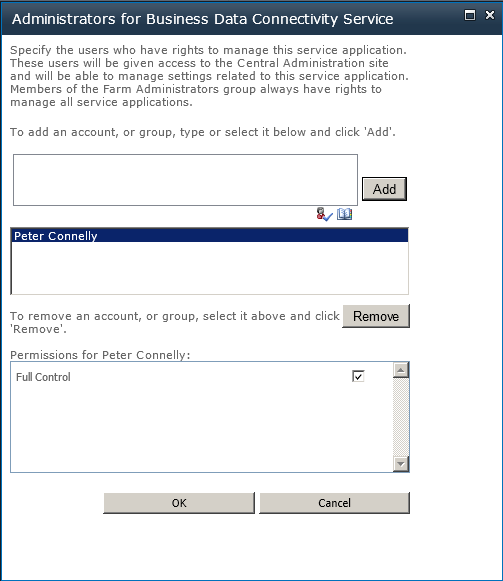 Use the Administrators for Business Data Connectivity Service page to add and remove users.