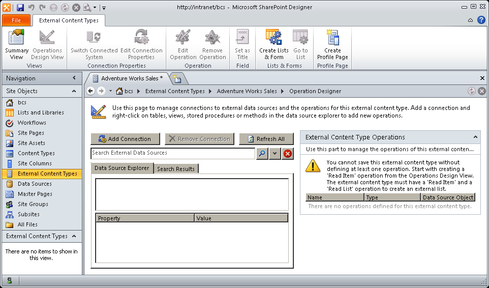 Use the Operations Design View to manage data source connections and ECT operations.