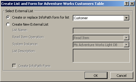 Use the Create List and Form dialog box to create new forms or new external lists.