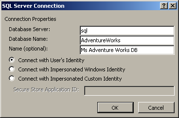 Enter details on how to connect to an SQL database and the authentication credentials to be used.