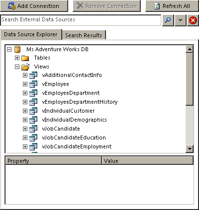 Use the Data Source Explorer to find the table, view, or routine that you want to act as an external data source for your ECT.