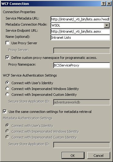 Enter details about how to connect to a WCF service and the authentication credentials to be used.