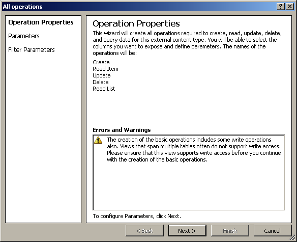 The first page of the three-page operations wizard.