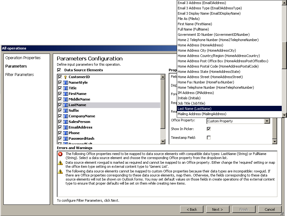 On the second page of the operations wizard, map data source field to Office properties.