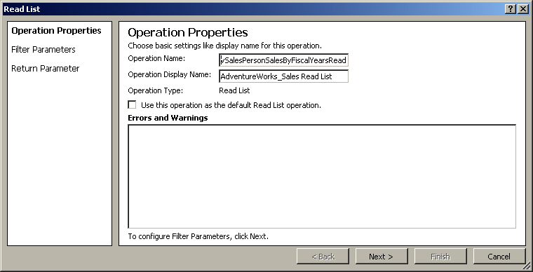 Use the check box to set a Read List operation as the default Read List operation.