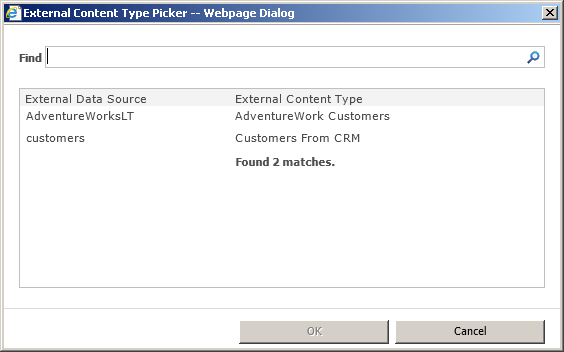 Use the External Content Type Picker dialog box to select an ECT.