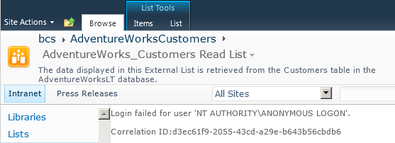 The external list does not show content from the external data source.