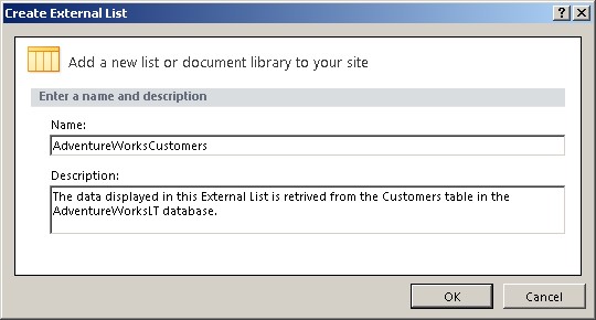 Enter the URL of the external list in the Name text box.