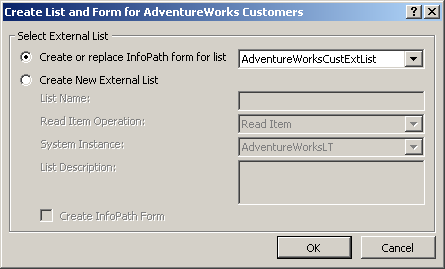 Use the Create List and Form dialog box to create an external list.