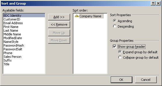Use the Sort and Group dialog box to have the SharePoint server sort and group data from the external system.