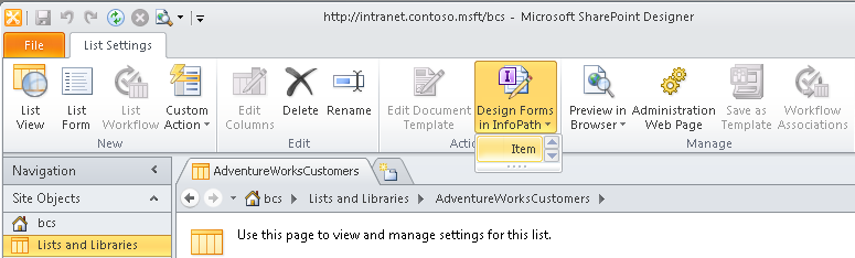 Use SharePoint Designer to create an InfoPath form for an external list.