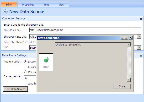 Attemping to connect to an external list through PerformancePoint Dashboard Designer doesn’t work.