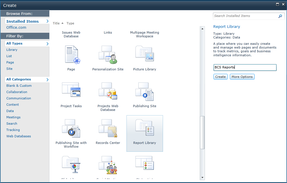 Select the Report Library template to create a report library.