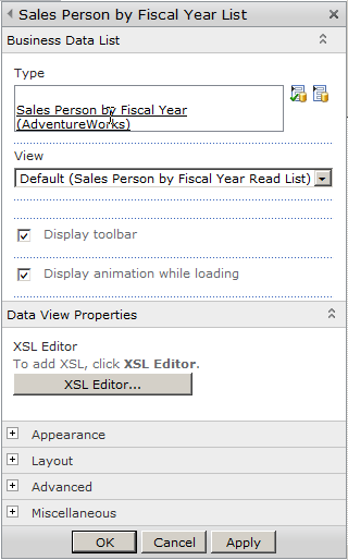 The Business Data List Web Part tool pane shows the ECT selected.